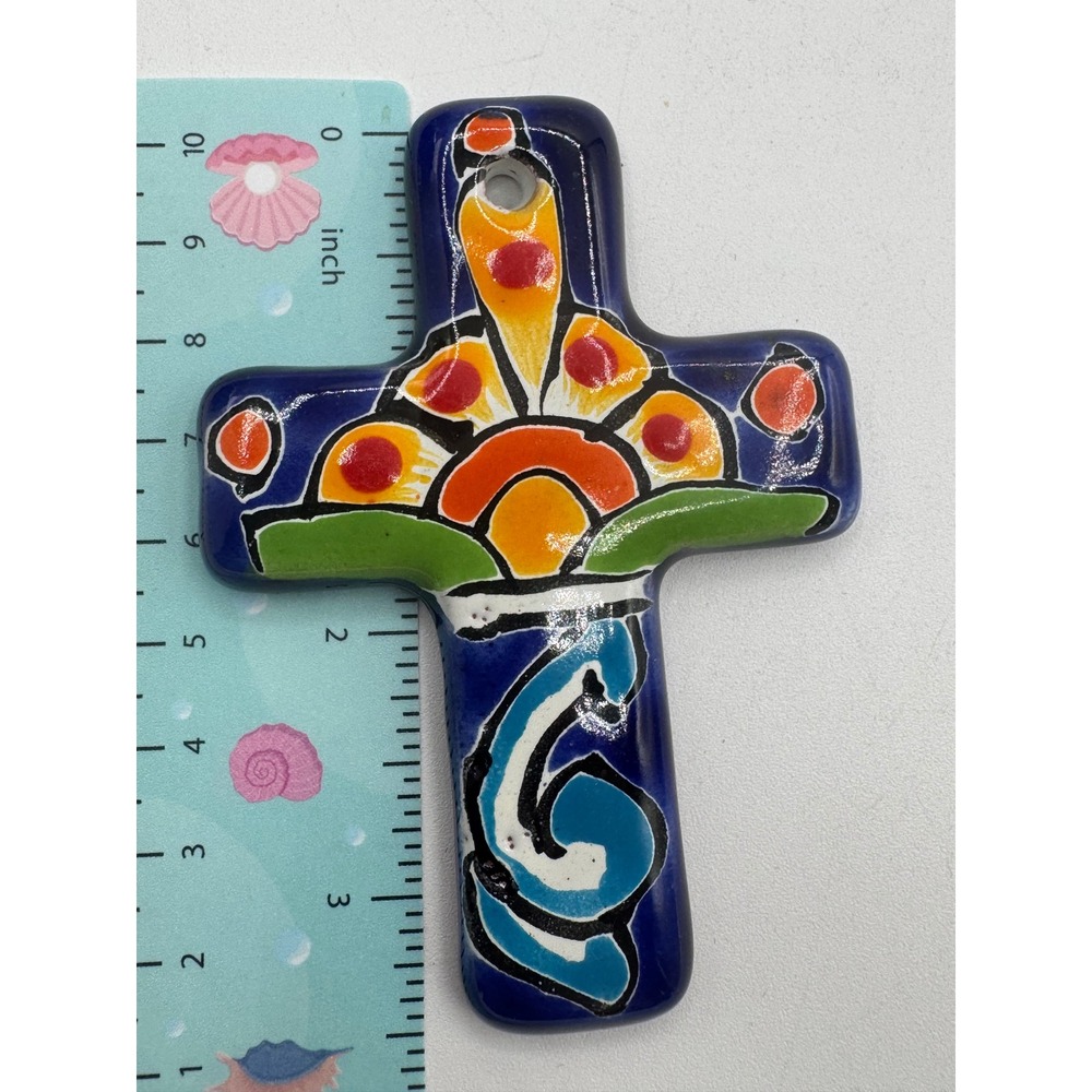 Mexican Talavera Pottery Wall Cross Hand Painted Floral Folk Art Blue